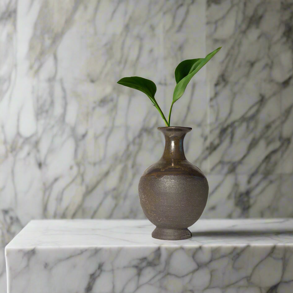 Dark chocolate vase with glossy metallic glaze