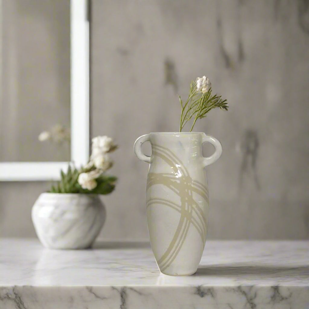 With flowers: Tall vase with handles with glossy white and clear lines