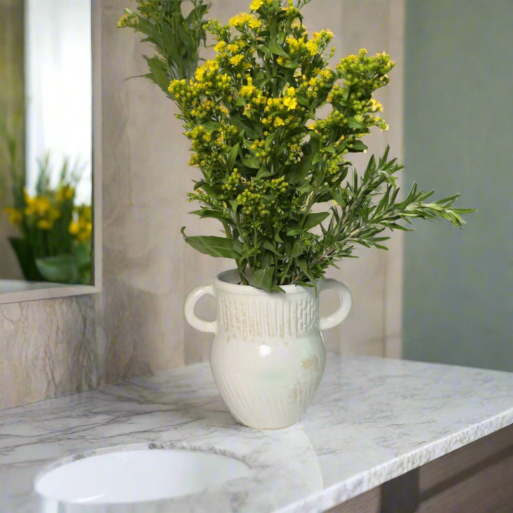 With flowers: Hand carved with handles, glossy white. 
