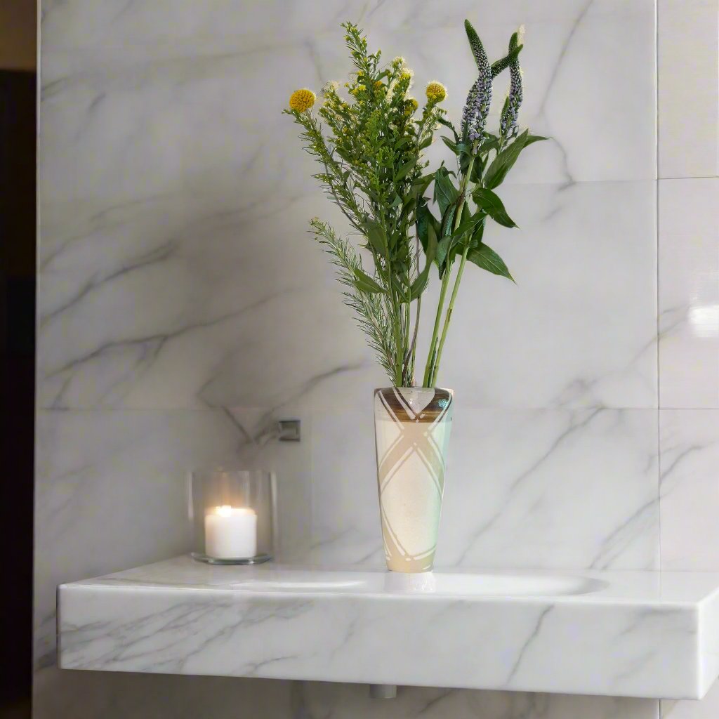 With flowers: Tall white urn with dark brown, white and clear lines